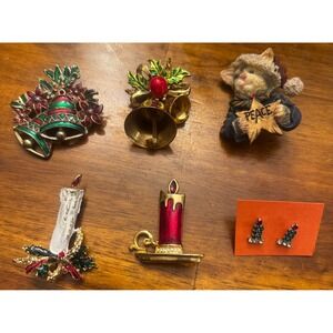 Vintage Christmas Brooch Pin Earring Lot Trifari Boyds Bear Holiday Jewelry 6pc